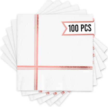 White and Rose Gold Napkins – Set of 100 Disposable 5x5 Inch Cocktail and Dessert Napkins with Gold Trim, Perfect for Wedding Parties and Events
