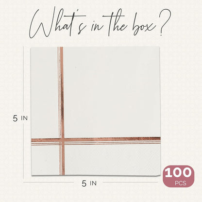 White and Rose Gold Napkins – Set of 100 Disposable 5x5 Inch Cocktail and Dessert Napkins with Gold Trim, Perfect for Wedding Parties and Events