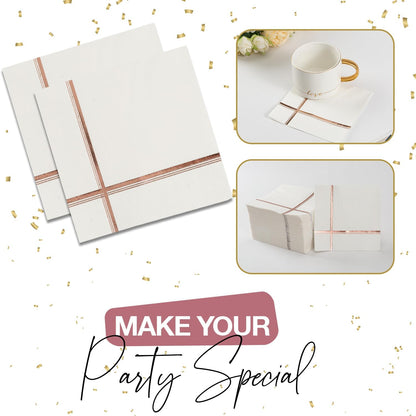 White and Rose Gold Napkins – Set of 100 Disposable 5x5 Inch Cocktail and Dessert Napkins with Gold Trim, Perfect for Wedding Parties and Events