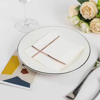 White and Rose Gold Napkins – Set of 100 Disposable 5x5 Inch Cocktail and Dessert Napkins with Gold Trim, Perfect for Wedding Parties and Events
