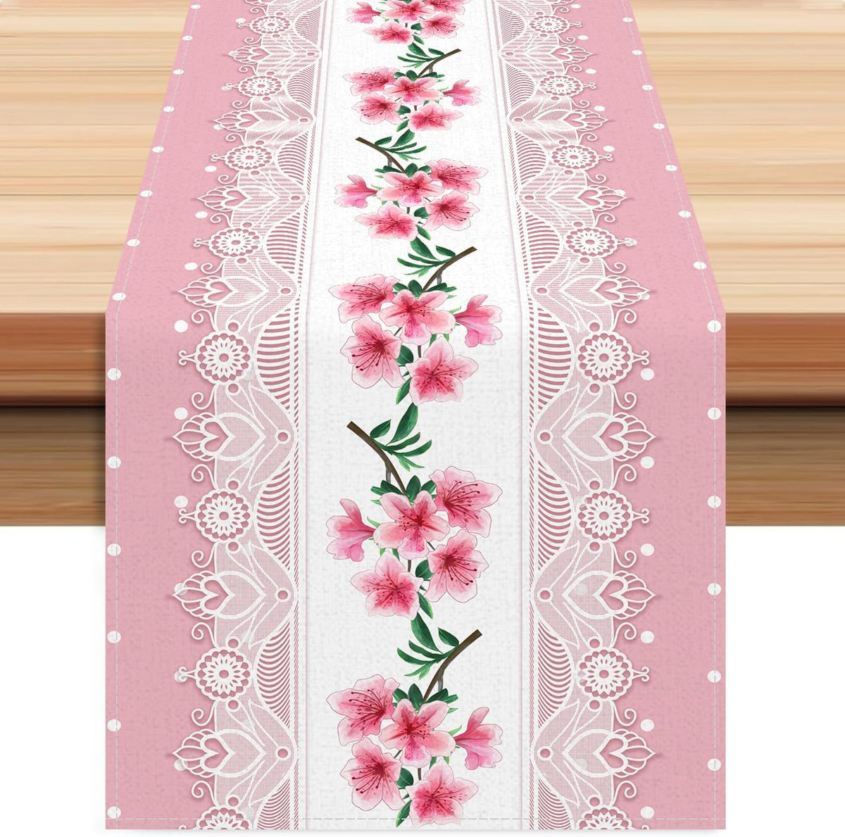 Light Pink Printed Lace Floral Spring Table Runner, 13x72 Inch