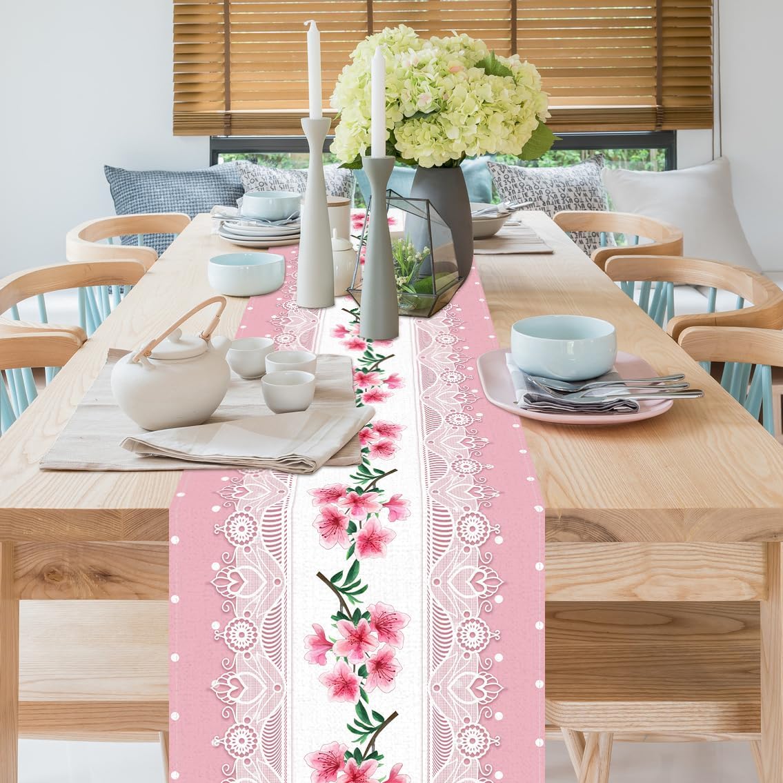 Light Pink Printed Lace Floral Spring Table Runner, 13x72 Inch