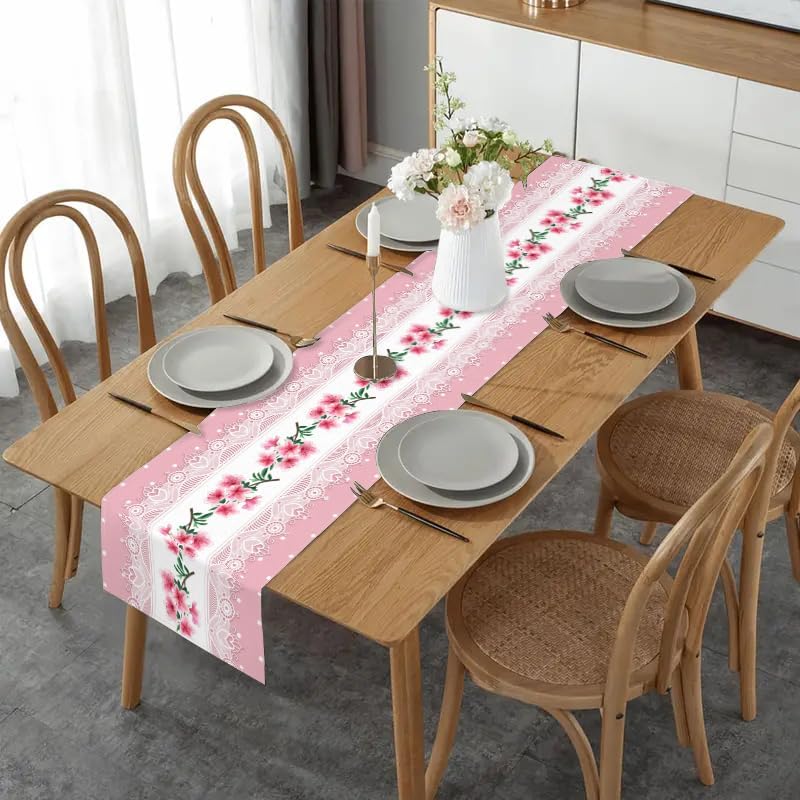 Light Pink Printed Lace Floral Spring Table Runner, 13x72 Inch
