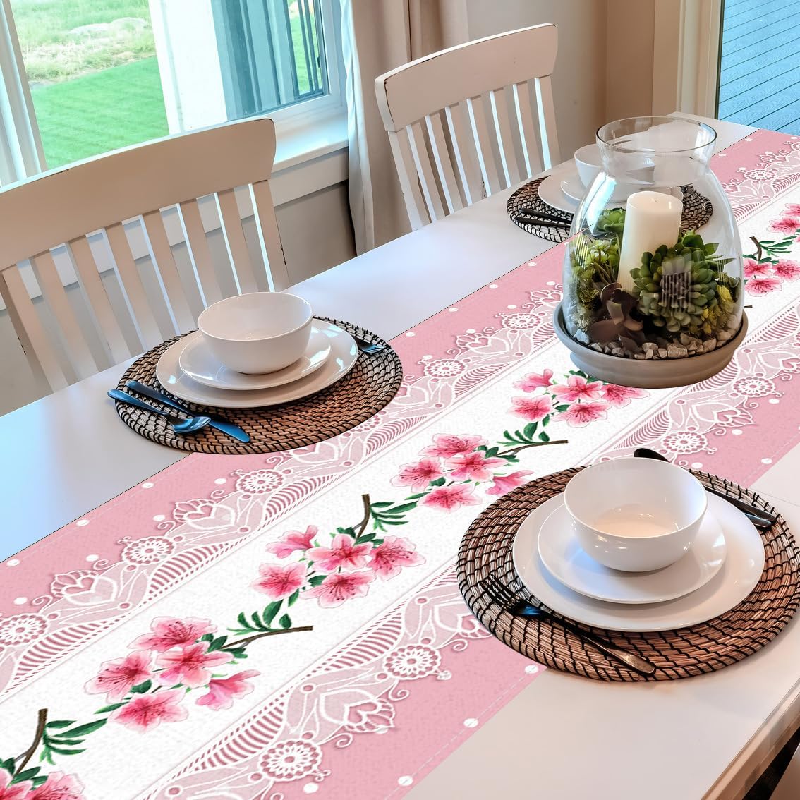 Light Pink Printed Lace Floral Spring Table Runner, 13x72 Inch