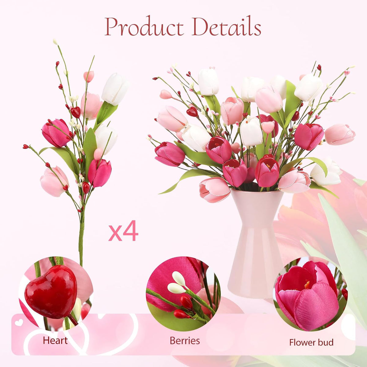 4Pcs Artificial Tulips Flower Stems for Valentine’s Day Anniversary Decor