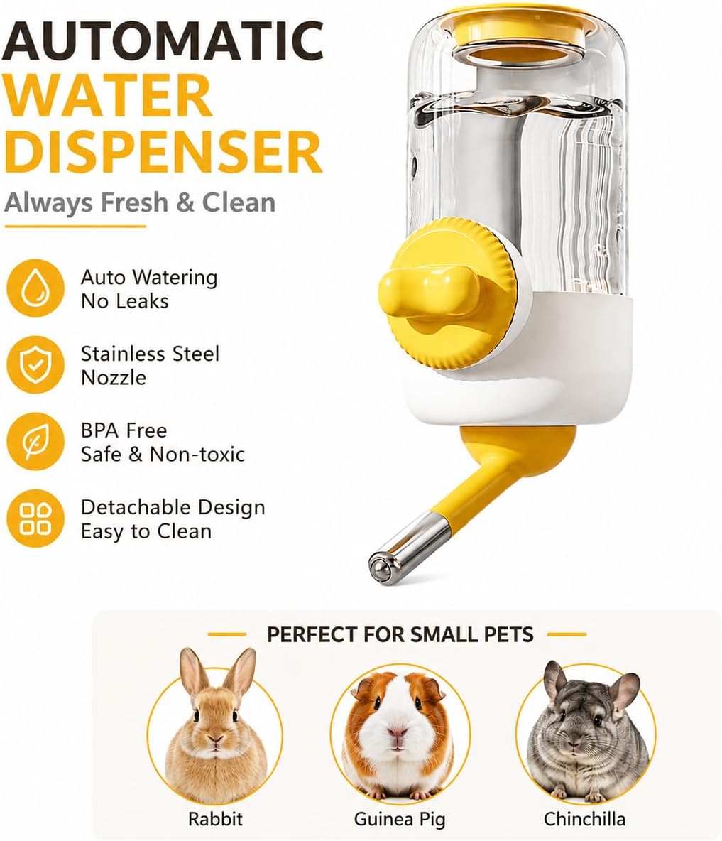 GPY Pet Water Dispenser for Cage, Automatic Hanging Rabbit Water Bottle, 30oz/900ml Large Capacity Guinea Pig Bunny Water Dispenser Small Animal Water Bottle（Water Dispenser only, Yellow