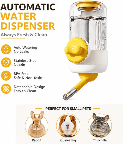 GPY Pet Water Dispenser for Cage, Automatic Hanging Rabbit Water Bottle, 30oz/900ml Large Capacity Guinea Pig Bunny Water Dispenser Small Animal Water Bottle（Water Dispenser only, Yellow