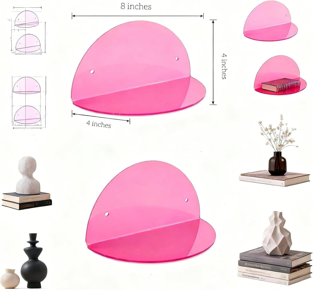2-Pack Small Acrylic Shelves Room Decor Floating Shelves, Pink