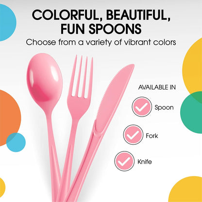 Party Solids Pink Plastic Spoons 100 Pieces Pink Spoons Disposable Utensils Heavy Duty Plastic Cutlery Set Disposable Cutlery Sets Flatware Sets Silverware Set Party Supplies & Party Tableware