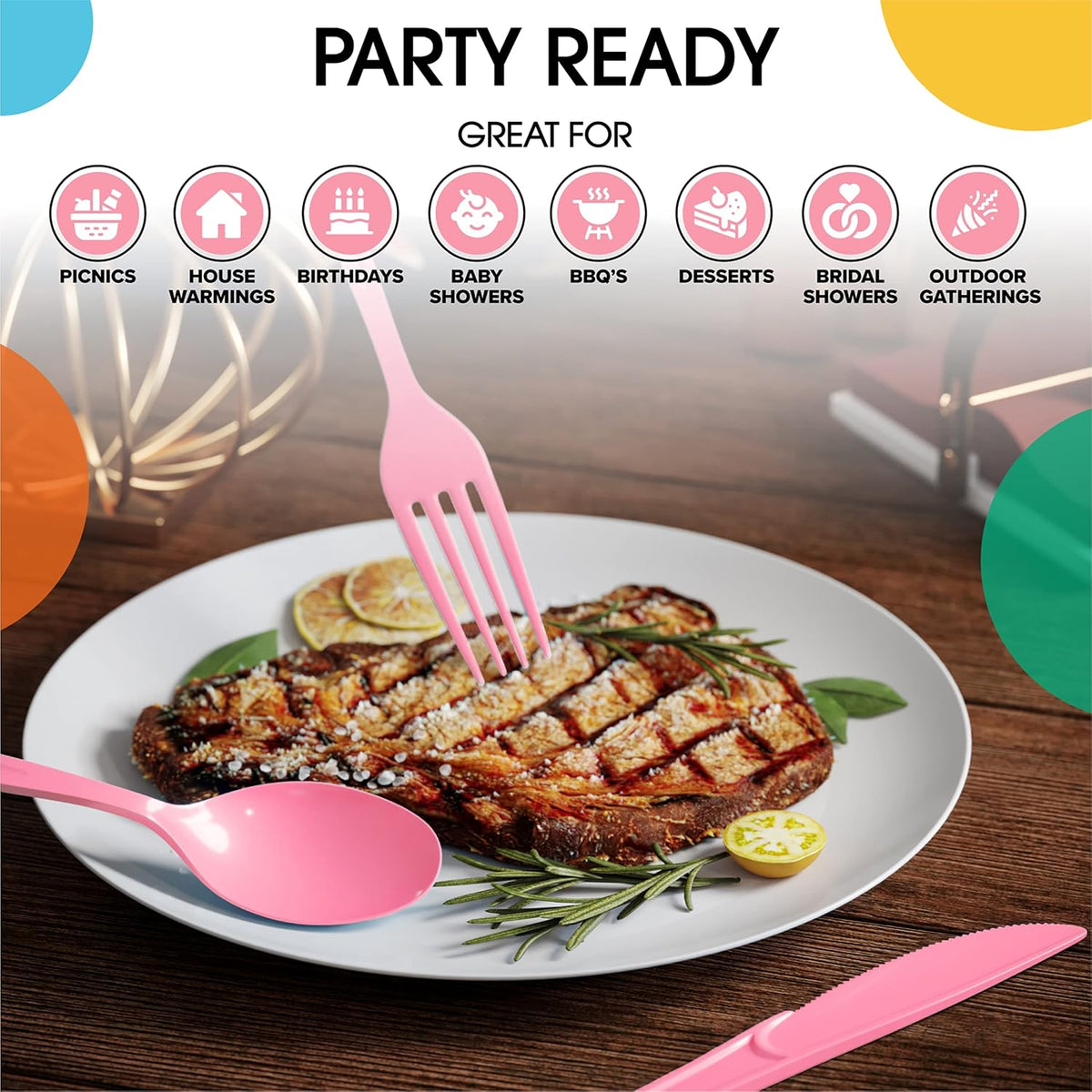Party Solids Pink Plastic Spoons 100 Pieces Pink Spoons Disposable Utensils Heavy Duty Plastic Cutlery Set Disposable Cutlery Sets Flatware Sets Silverware Set Party Supplies & Party Tableware
