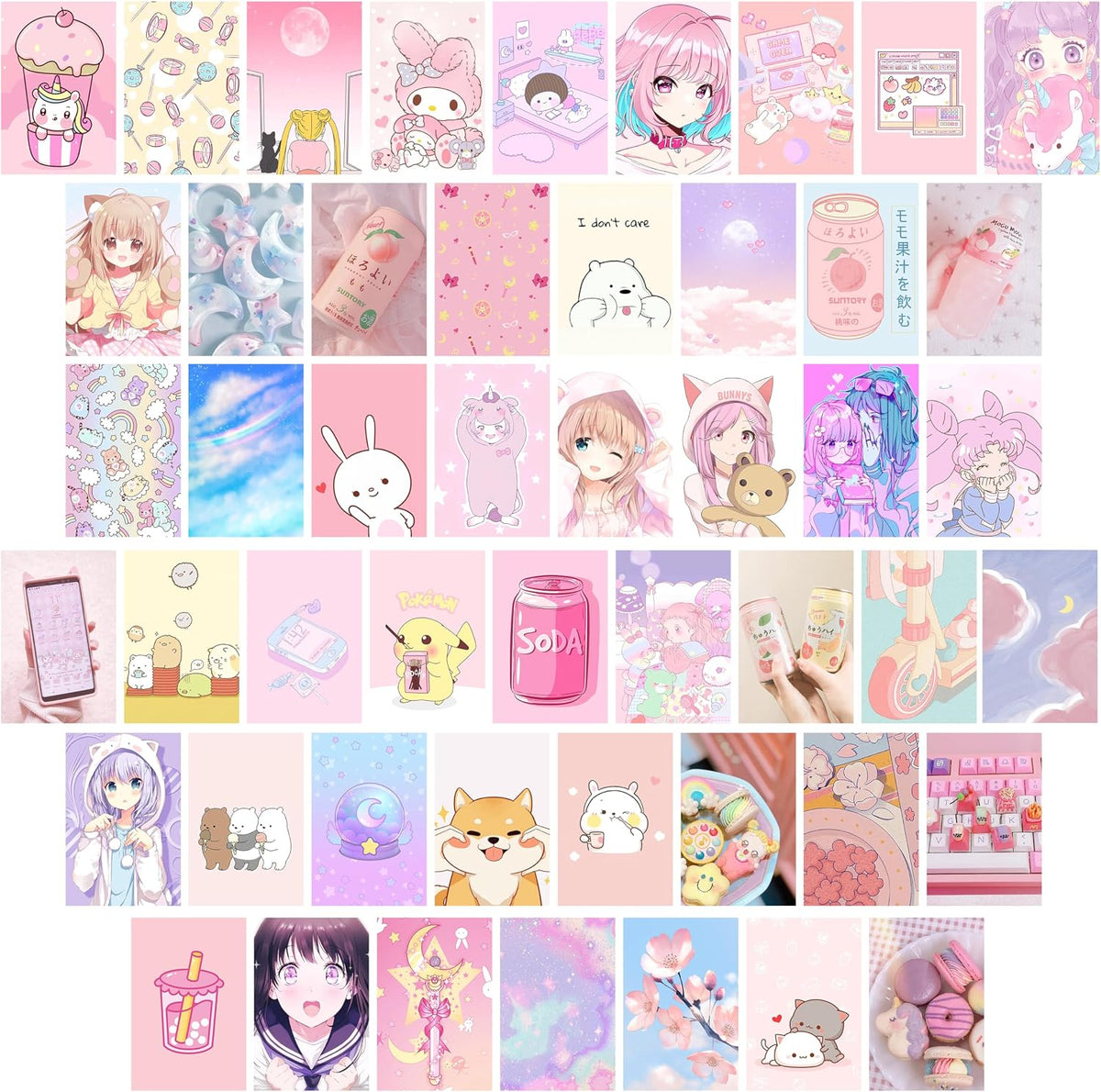 50Pcs Kawai Anime Aesthetic Picture Wall Collage Kit Pink Cartoon Assembled Print Card Set, School Dorm Photo Poster Display Sweet Girls Room Decor Cute Collage Kit Birthday Back to School Gift