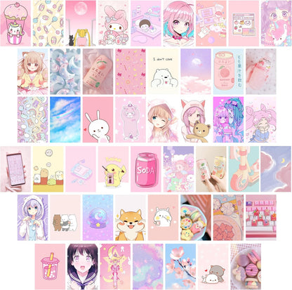 50Pcs Kawai Anime Aesthetic Picture Wall Collage Kit Pink Cartoon Assembled Print Card Set, School Dorm Photo Poster Display Sweet Girls Room Decor Cute Collage Kit Birthday Back to School Gift