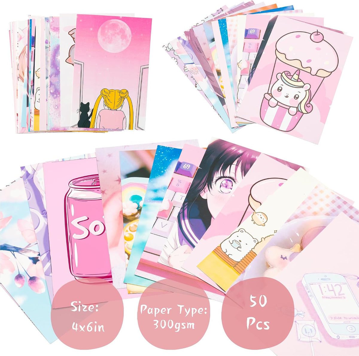 50Pcs Kawai Anime Aesthetic Picture Wall Collage Kit Pink Cartoon Assembled Print Card Set, School Dorm Photo Poster Display Sweet Girls Room Decor Cute Collage Kit Birthday Back to School Gift