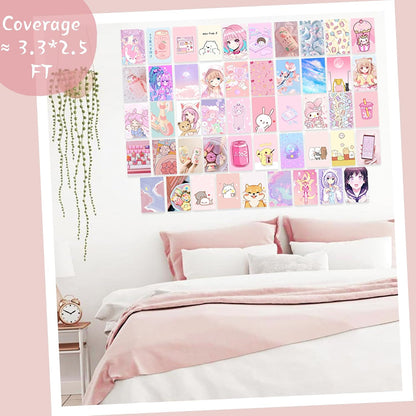 50Pcs Kawai Anime Aesthetic Picture Wall Collage Kit Pink Cartoon Assembled Print Card Set, School Dorm Photo Poster Display Sweet Girls Room Decor Cute Collage Kit Birthday Back to School Gift