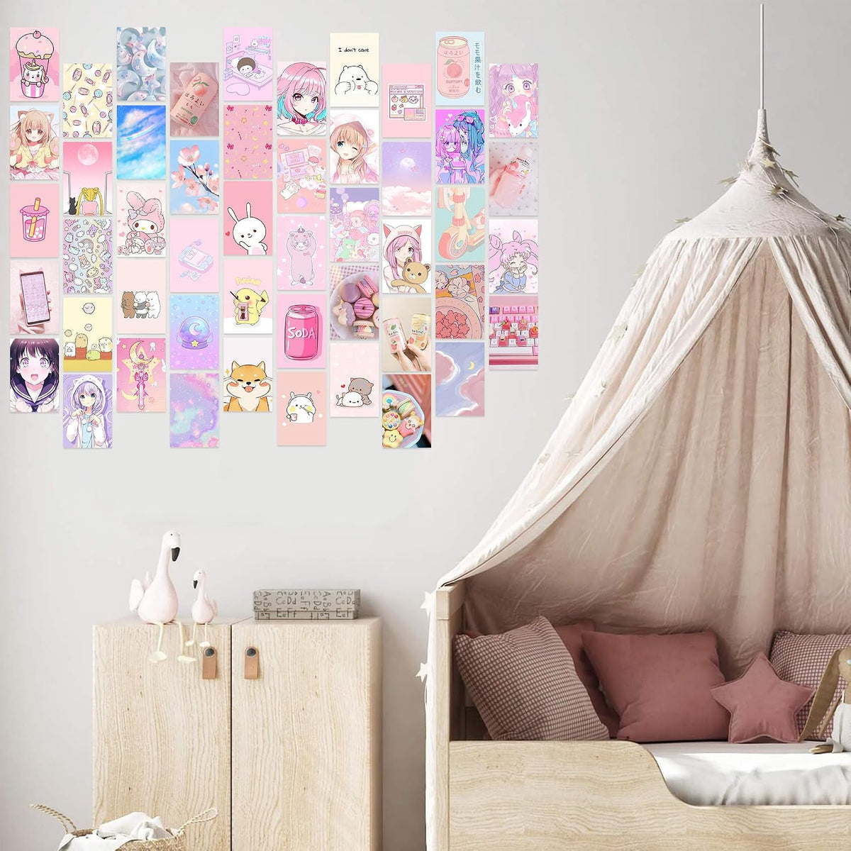50Pcs Kawai Anime Aesthetic Picture Wall Collage Kit Pink Cartoon Assembled Print Card Set, School Dorm Photo Poster Display Sweet Girls Room Decor Cute Collage Kit Birthday Back to School Gift