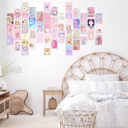 50Pcs Kawai Anime Aesthetic Picture Wall Collage Kit Pink Cartoon Assembled Print Card Set, School Dorm Photo Poster Display Sweet Girls Room Decor Cute Collage Kit Birthday Back to School Gift