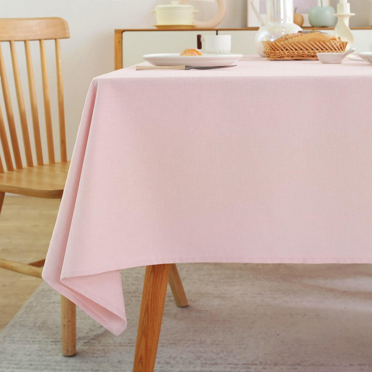 Spring Table Cloth (Fits 6 Foot Table) Rectangle Linen Waterproof Textured Light Pink Tablecloth, Washable Wrinkle Free Spill Proof Fabric Tablecloths for Dining Table Farmhouse, 60x84 Inch