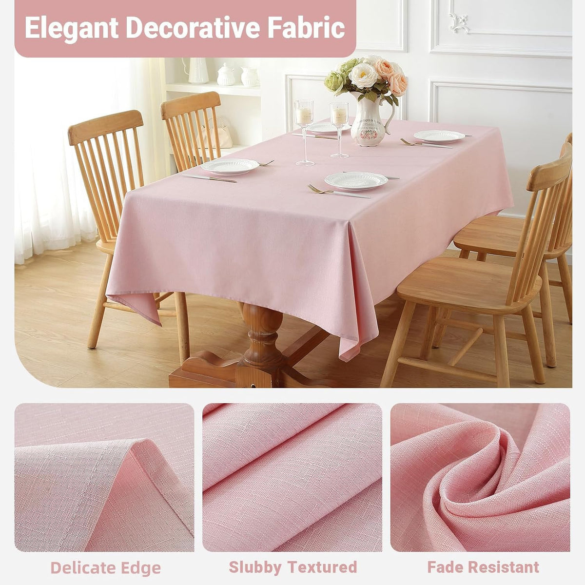 Spring Table Cloth (Fits 6 Foot Table) Rectangle Linen Waterproof Textured Light Pink Tablecloth, Washable Wrinkle Free Spill Proof Fabric Tablecloths for Dining Table Farmhouse, 60x84 Inch