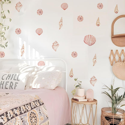 28 PCS Under The Sea Wall Decals Peel and Stick, Pastel Pink Shell Wall Decor for Nursery Room