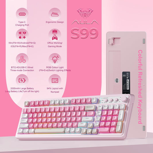 99 Key Keyboard, Wireless Pink Gaming Keyboard Creamy with Number Pad