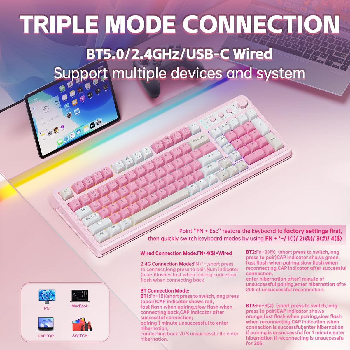 99 Key Keyboard, Wireless Pink Gaming Keyboard Creamy with Number Pad