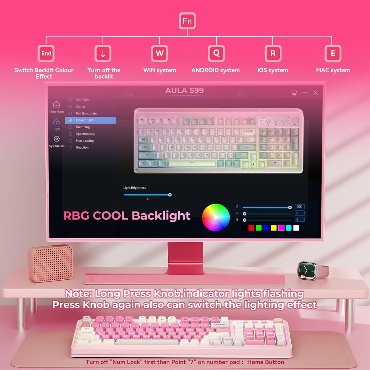 99 Key Keyboard, Wireless Pink Gaming Keyboard Creamy with Number Pad