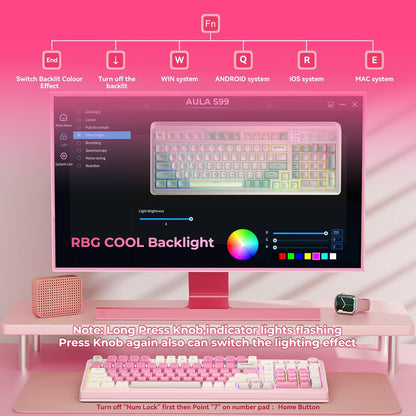 99 Key Keyboard, Wireless Pink Gaming Keyboard Creamy with Number Pad