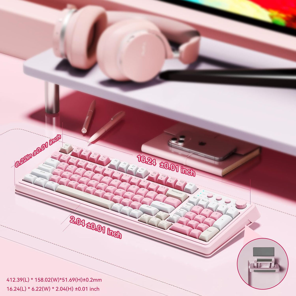 99 Key Keyboard, Wireless Pink Gaming Keyboard Creamy with Number Pad