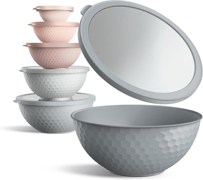 Mixing Bowls with Lids - 12 Piece Plastic Nesting Bowls Set includes 6 Prep Bowls and 6 Lids, Microwave Safe Mixing Bowl Set, Pink Embossed