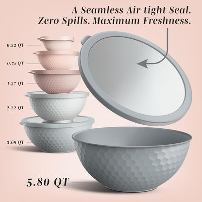 Mixing Bowls with Lids - 12 Piece Plastic Nesting Bowls Set includes 6 Prep Bowls and 6 Lids, Microwave Safe Mixing Bowl Set, Pink Embossed