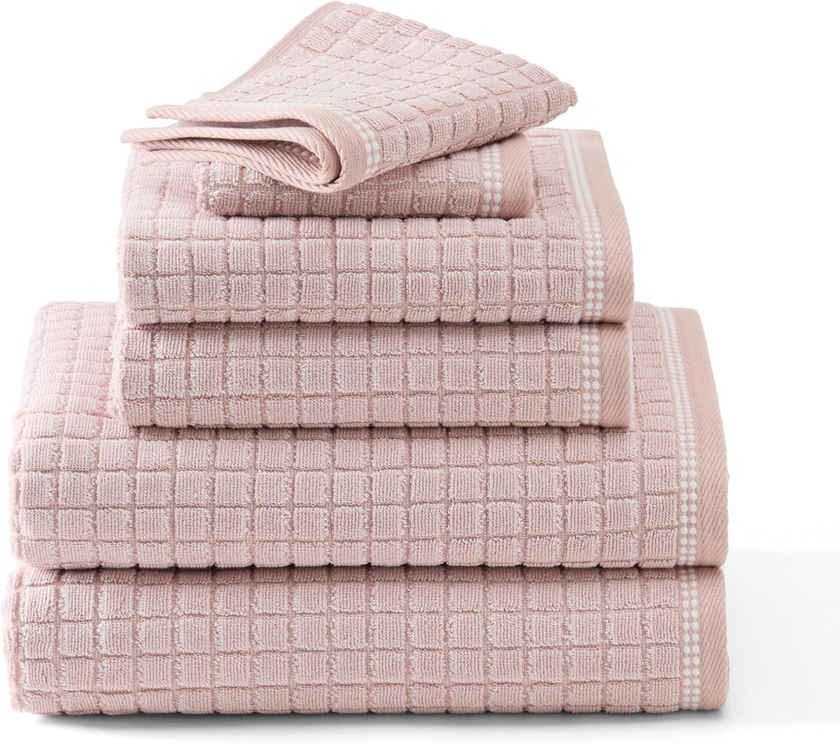 6-Piece Textured Windowpane Set, 2-Bath Towels, 2-Hand Towels, 2-Washcloths, 100% Cotton, Plush & Absorbent 550GSM, Blush