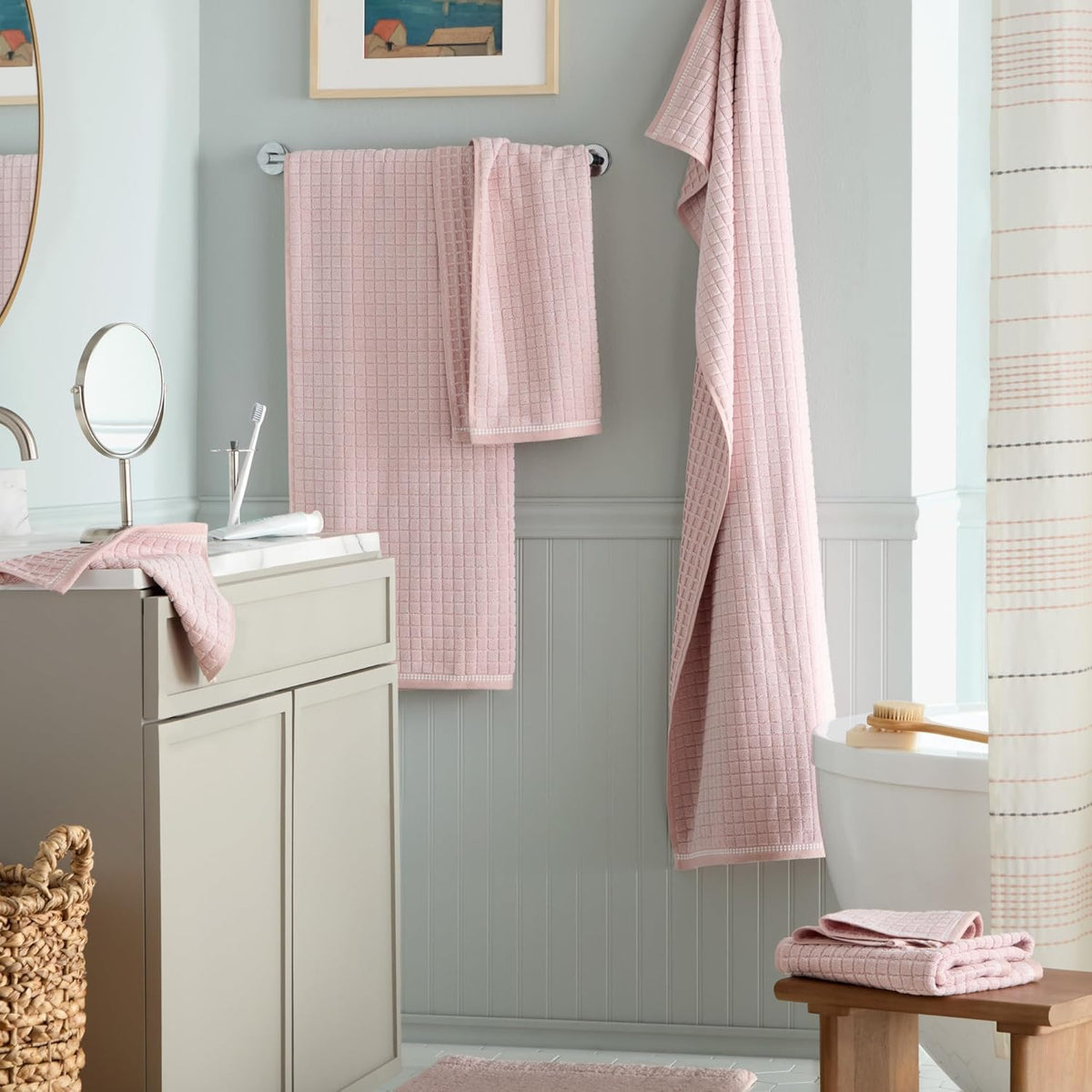 6-Piece Textured Windowpane Set, 2-Bath Towels, 2-Hand Towels, 2-Washcloths, 100% Cotton, Plush & Absorbent 550GSM, Blush