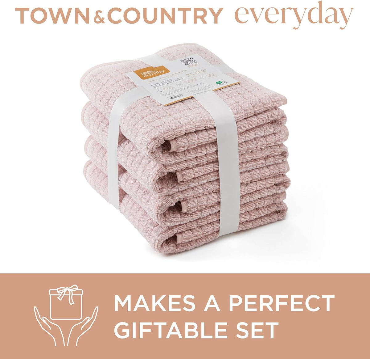 6-Piece Textured Windowpane Set, 2-Bath Towels, 2-Hand Towels, 2-Washcloths, 100% Cotton, Plush & Absorbent 550GSM, Blush