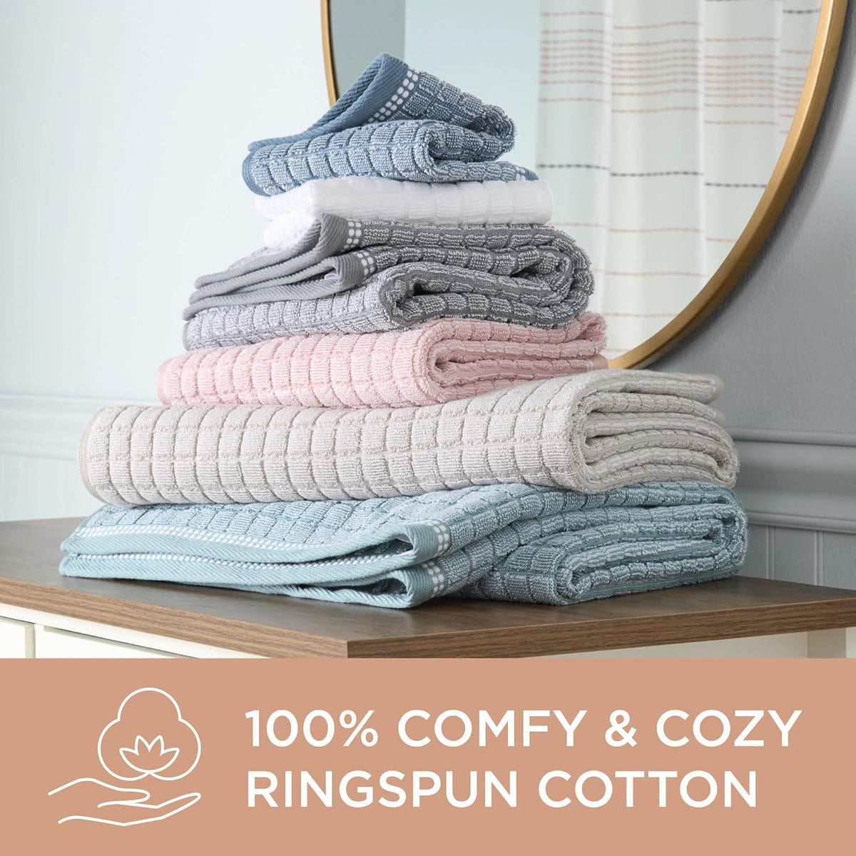 6-Piece Textured Windowpane Set, 2-Bath Towels, 2-Hand Towels, 2-Washcloths, 100% Cotton, Plush & Absorbent 550GSM, Blush