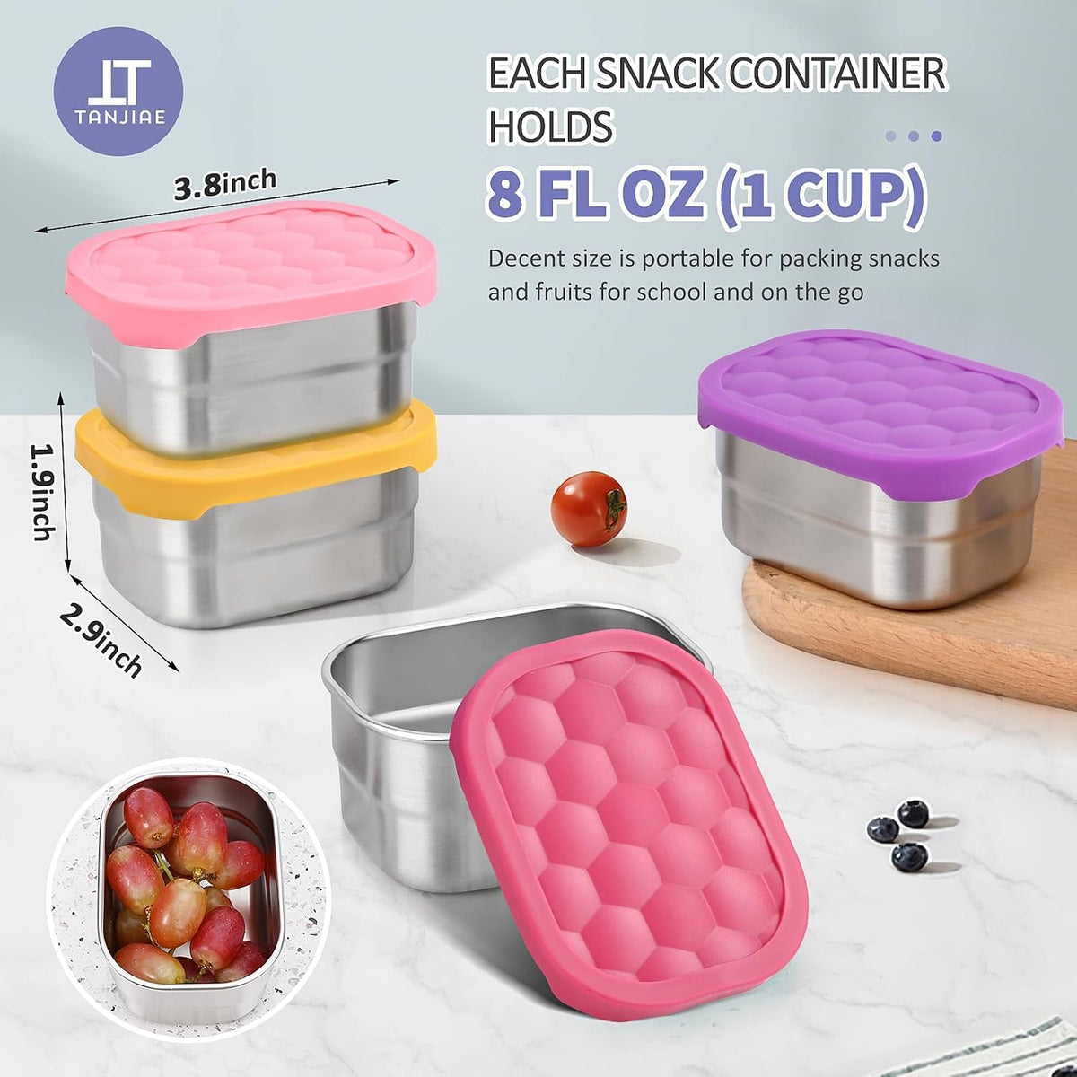 4Pack Small (1 CUP) 8oz Stainless Steel Snack Containers for Kids | Reusable Easy Open Toddler Snack Containers with Silicone Lids | Stackable Toddler Lunch Box for Daycare, School and Travel