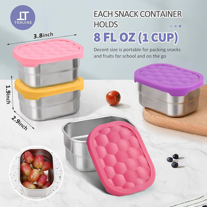 4Pack Small (1 CUP) 8oz Stainless Steel Snack Containers for Kids | Reusable Easy Open Toddler Snack Containers with Silicone Lids | Stackable Toddler Lunch Box for Daycare, School and Travel