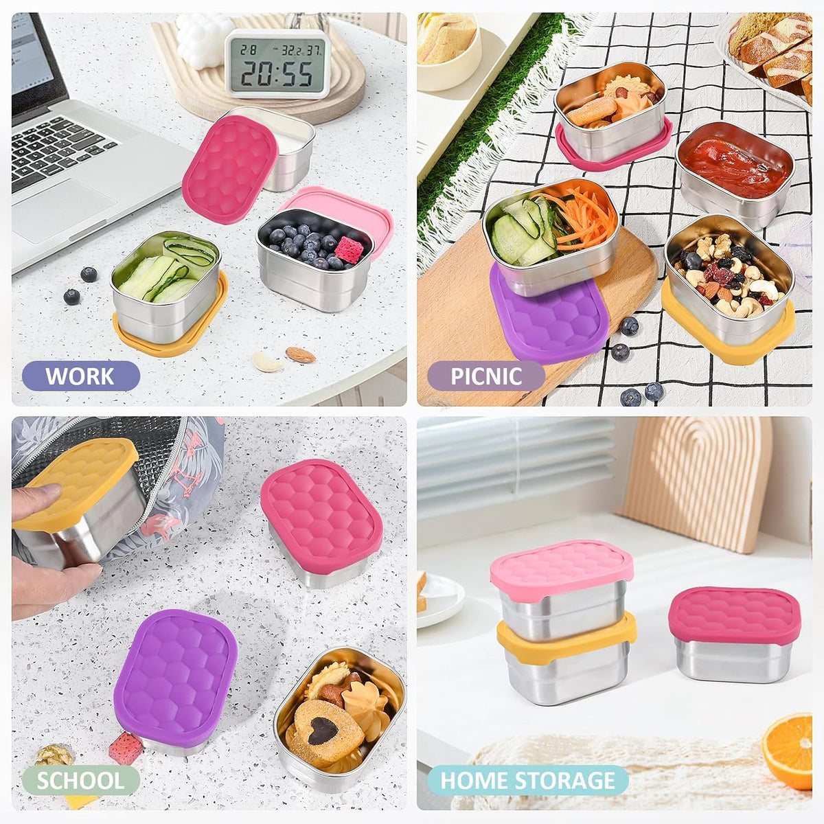 4Pack Small (1 CUP) 8oz Stainless Steel Snack Containers for Kids | Reusable Easy Open Toddler Snack Containers with Silicone Lids | Stackable Toddler Lunch Box for Daycare, School and Travel