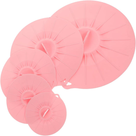Silicone Bowl Lids and Cup Covers Set, Reusable Microwave Safe Airtight Food Storage Lids, Pink Silicone Pot Covers for Kitchen Food Fresh Keeping, 5pcs Set