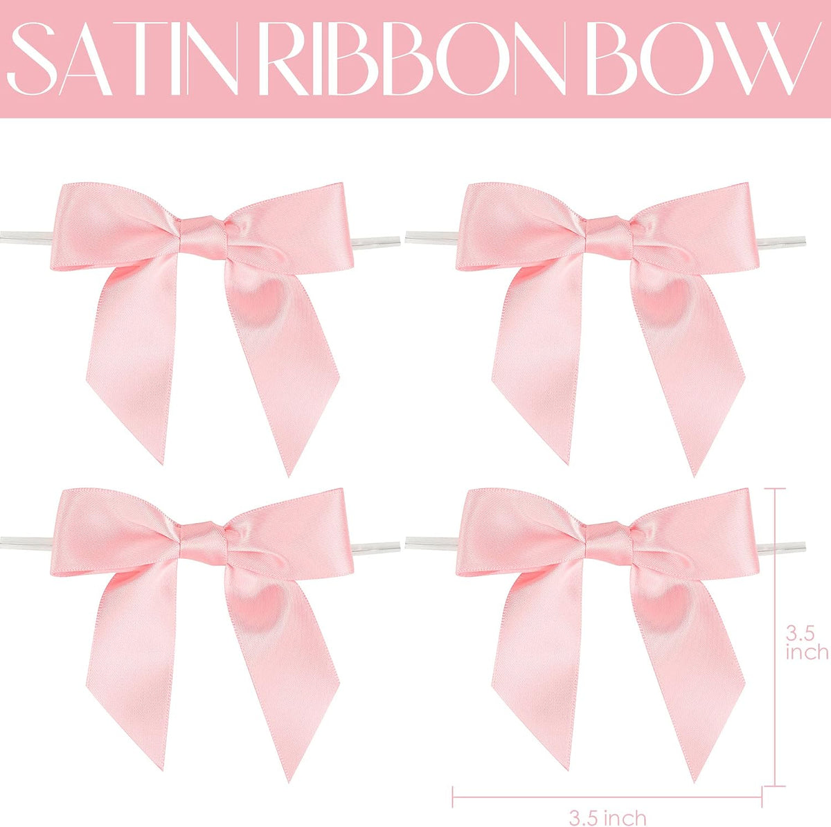 Baby Pink Satin Ribbon Bows 3.5" Light Pink Pretied Twist Tie Bows for Treat Bags Cake Pop Gift Wrapping Basket Wedding Favors Cookie Candy Bagging Baby Shower - 50 Counts