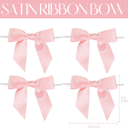 Baby Pink Satin Ribbon Bows 3.5" Light Pink Pretied Twist Tie Bows for Treat Bags Cake Pop Gift Wrapping Basket Wedding Favors Cookie Candy Bagging Baby Shower - 50 Counts