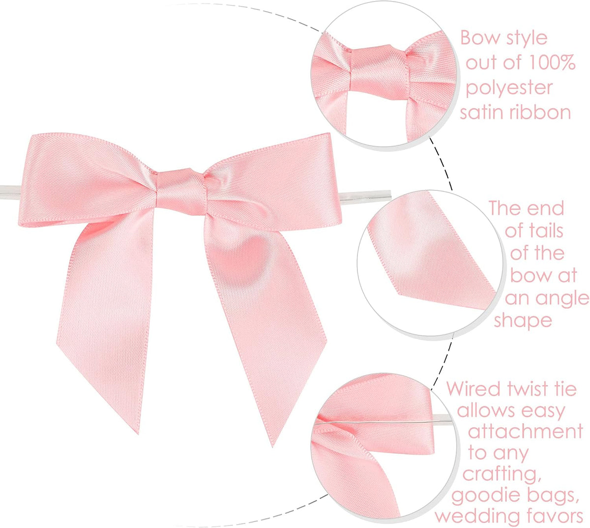 Baby Pink Satin Ribbon Bows 3.5" Light Pink Pretied Twist Tie Bows for Treat Bags Cake Pop Gift Wrapping Basket Wedding Favors Cookie Candy Bagging Baby Shower - 50 Counts