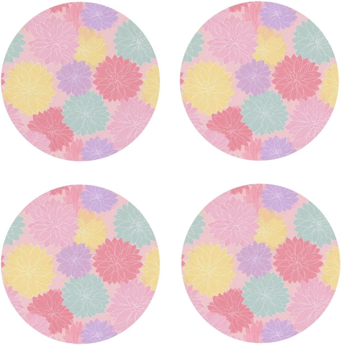 Pastel Pink Yellow Floral Pattern Drinks Coasters Set of 4 Leather Drink Coasters for Tabletop Protection Heat Resistant Bar Cup Mat Pad