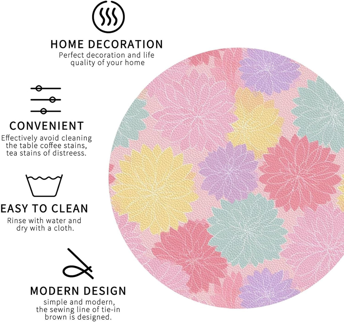 Pastel Pink Yellow Floral Pattern Drinks Coasters Set of 4 Leather Drink Coasters for Tabletop Protection Heat Resistant Bar Cup Mat Pad