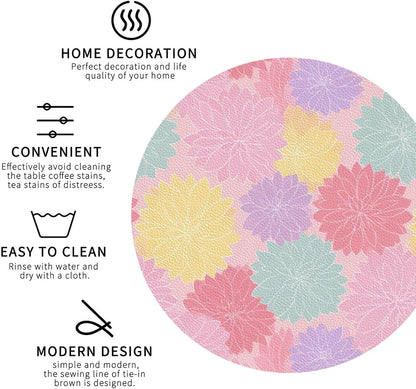 Pastel Pink Yellow Floral Pattern Drinks Coasters Set of 4 Leather Drink Coasters for Tabletop Protection Heat Resistant Bar Cup Mat Pad