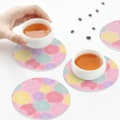 Pastel Pink Yellow Floral Pattern Drinks Coasters Set of 4 Leather Drink Coasters for Tabletop Protection Heat Resistant Bar Cup Mat Pad