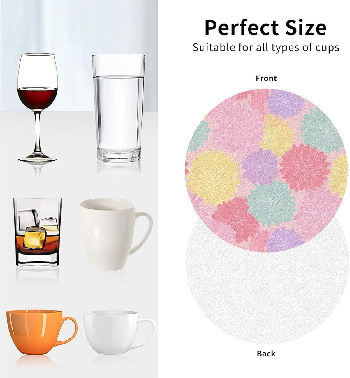 Pastel Pink Yellow Floral Pattern Drinks Coasters Set of 4 Leather Drink Coasters for Tabletop Protection Heat Resistant Bar Cup Mat Pad