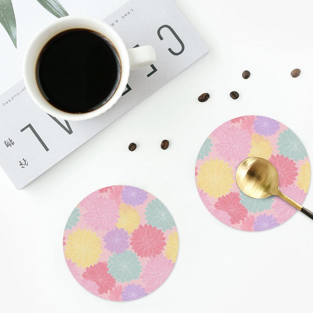 Pastel Pink Yellow Floral Pattern Drinks Coasters Set of 4 Leather Drink Coasters for Tabletop Protection Heat Resistant Bar Cup Mat Pad