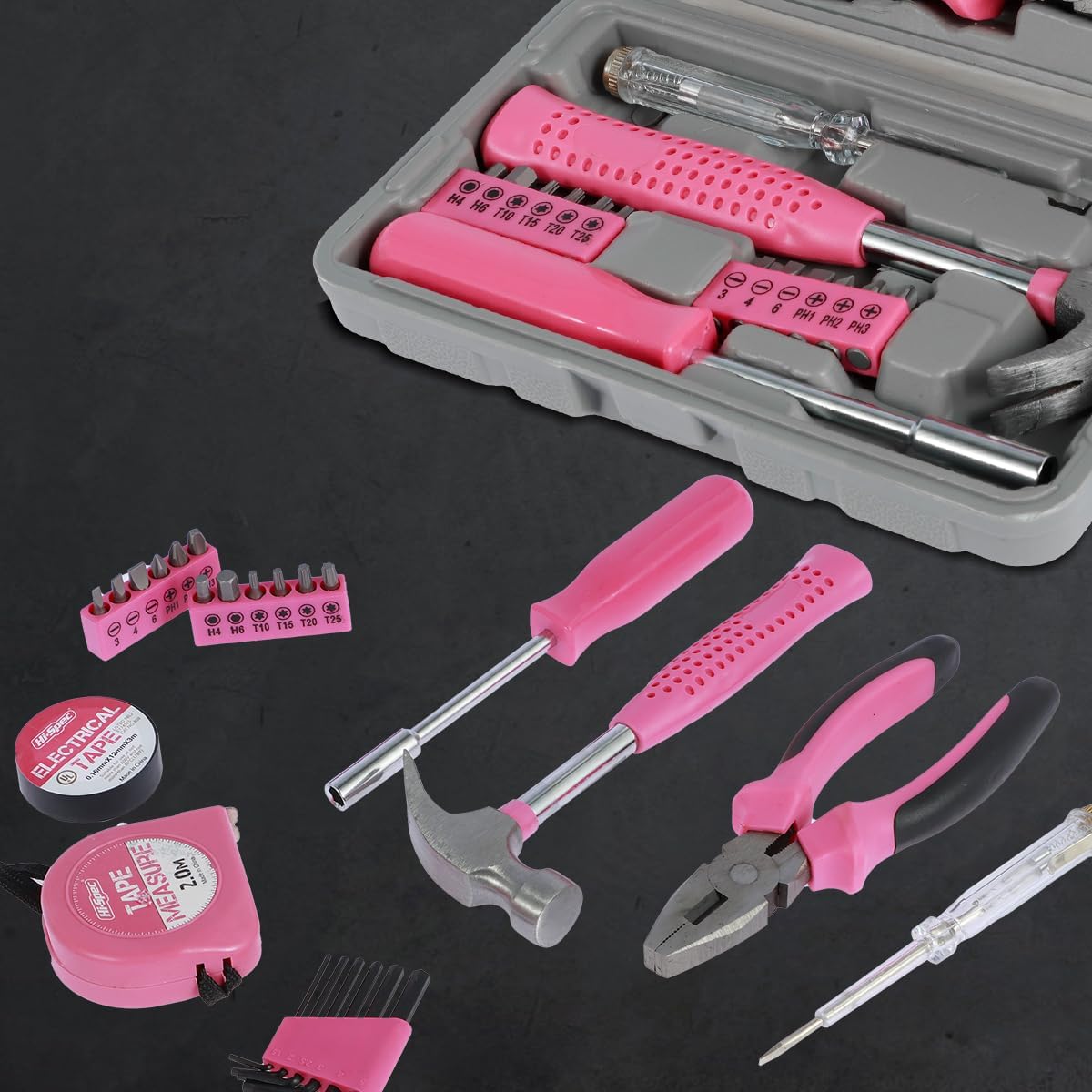 13/24Pcs Household Repair Tool Kit Multi-Purpose Pink Home Hand Tool Set with Case Hammer and Allen Key Set with Electrical Tape Screwdriver Test Pen Plier Bits