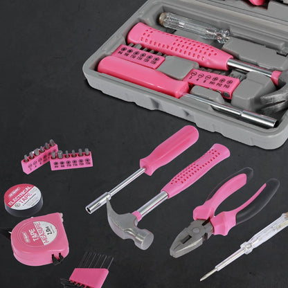 13/24Pcs Household Repair Tool Kit Multi-Purpose Pink Home Hand Tool Set with Case Hammer and Allen Key Set with Electrical Tape Screwdriver Test Pen Plier Bits