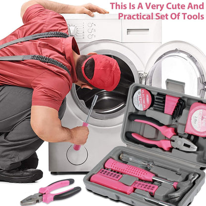 13/24Pcs Household Repair Tool Kit Multi-Purpose Pink Home Hand Tool Set with Case Hammer and Allen Key Set with Electrical Tape Screwdriver Test Pen Plier Bits
